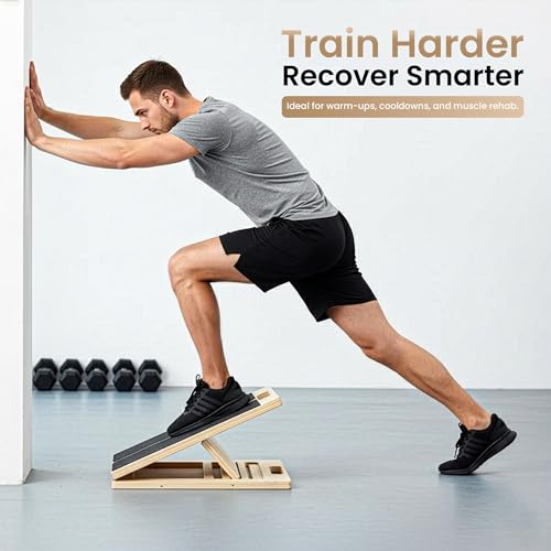 Portable Wooden Slant Board for Calf Stretching, 300Lbs Slant Board for Calf Stretching with Loop Band & 2 Sand Papers, Adjustable Wooden Incline Board, Squats Calf Stretcher for Knees Heel Feet Leg