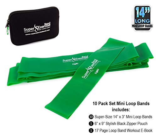 USA 14" x 3" Extra Long Latex Free Mini Loop Bands in 3, 5, 10 Pack Sets. 10 Strengths for Resistance Training, Stretching, Yoga, Toning. Plus an Exclusive iPhone App and E-Book. - color: g. Green LIGHT Loop Band 10 Pack