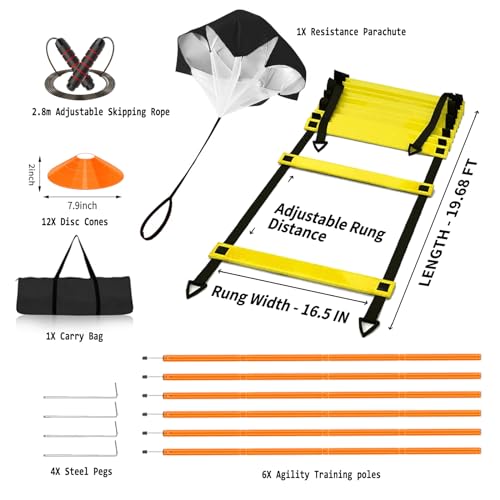 Speed & Agility Training Equipment-20ft Agility Ladder, 6 Poles, 12 Soccer Cones, Resistance Parachute, Jump Rope, Soccer Football Basketball Sport Training Set for Kids Youth Adults