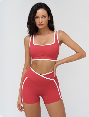 Women 2 Piece Workout Sets Backless Color Block Sports Bra High Waist Tummy Control Active Shorts Yoga Pilates Outfits