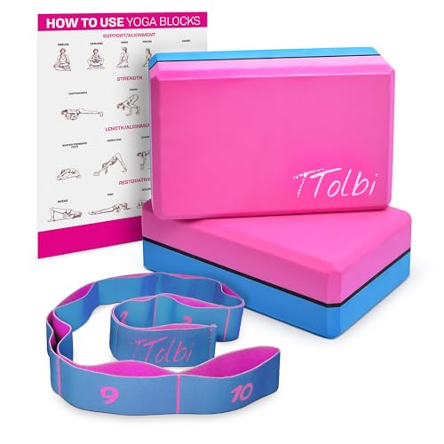 Yoga Blocks 2 Pack with Strap & Guide – Non-Slip EVA Foam Pilates Blocks for Home Workouts, Dance, Ballet, Gymnastics & Stretching Exercise | Ideal Dancer Gifts - color: Pink/Blue - Stretch Band Blue