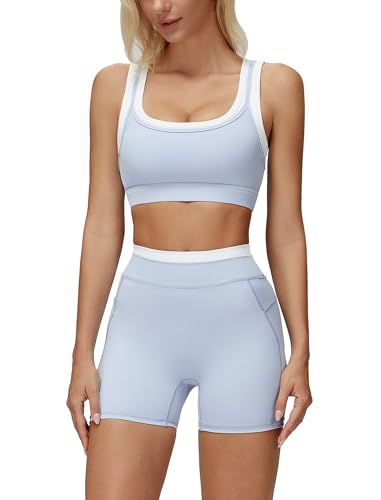 ABOCIW Womens Layerd Workout Sets Square Neck Sports Bra Tummy Control High Waist Biker Shorts Yoga Pilates Outfits - color: Blue, size: Medium
