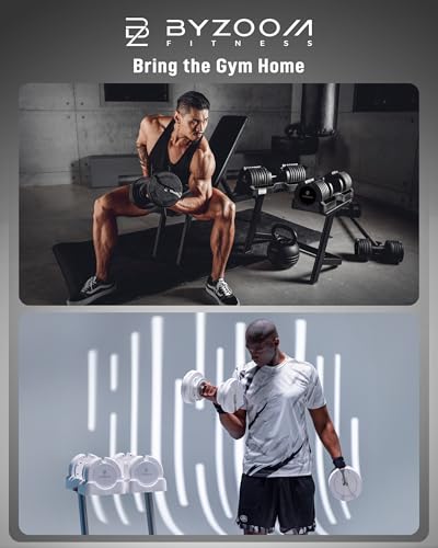 BYZOOM FITNESS Pure Series Adjustable Dumbbell - 12.5/25/27.5/50/55/75lb - ONE UNIT OR PAIR(check QTY before purchase) - 5-in-1/ 10-in-1 / 15-in-1 / 21-in-1 Flexible Hand Weights for Home Apartment Garage Gym, Strength Training & Fitness Workouts, White O