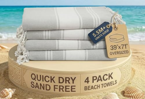 LANE LINEN Oversized Beach Towels 4 Pack, Pre-Washed, Extra Large - Grey - color: 08: Grey, size: Pack of 4