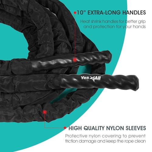 Yes4All Battle Ropes, Workout Rope with Cover, Steel Anchor & Strap Included, Heavy Ropes for Exercise Training - 1.5/2 Inch Diameter, 30, 40, 50 Ft Length