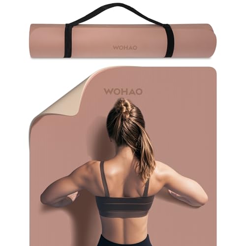 Extra Thick 8mm Yoga Mat, 72"x28" Non Slip Exercise Mat, Reversible 2-Sided Dual Color Premium POE Material, with Carrying Strap for Yoga, Pilates, Home Gym - color: Brown+Apricot, size: 183*80*0.8cm