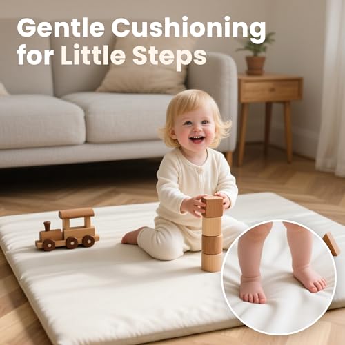 Huloo Sleep Baby Play Mat 50x50 Inches, 1.3" Thick Padded Waterproof Floor Cushion & Playpen Mat with Vegan Leather, Non-Slip & Non-Toxic Nursery Rug for Infants, Toddlers & Kids(Cream)