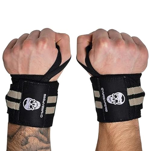 Gymreapers Weightlifting Wrist Wraps (IPF Approved) Professional Quality Wrist Support with Heavy Duty Thumb Loop - Best Wrap for Powerlifting Competition, Strength Training, Bodybuilding - color: Desert Sand