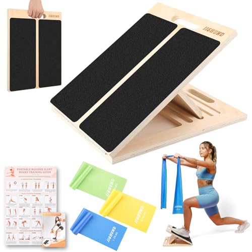 Slant Board for Calf Stretching, Adjustable Wooden Calf Stretcher Incline Board with 3 Pcs Resistance Bands Calf Stretch Board for Squats Leg Knees Heel Ankle Stretching