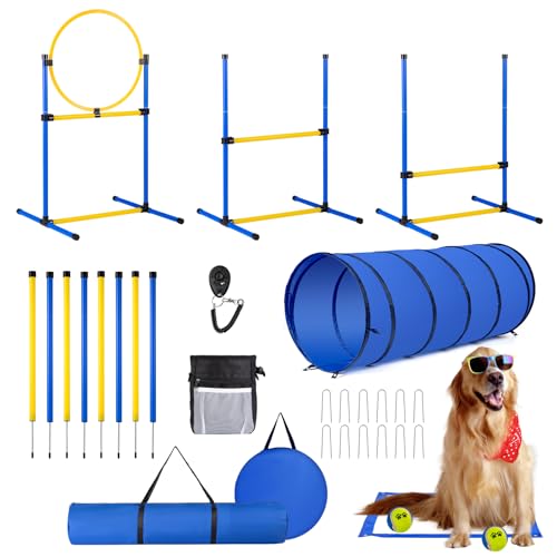 Dog Agility Course Backyard Set，Dog Agility Equipment, Dog Obstacle Course Backyard With 2-Set Agility Hurdle ，Jump Ring, 8 Weave Poles, Tunnel, Pause Box, Toy Balls And 2 Portable Carrying Bags - size: 10 PCS SET