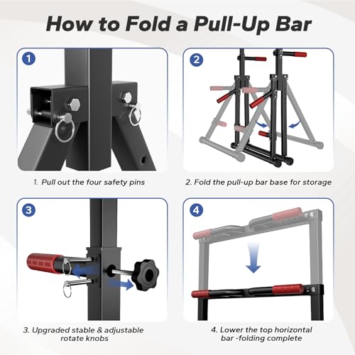 Foldable Pull Up Bar Free Standing, Strength Training Pull-up Bars Adjustable Pull Up Station, Power Tower Pull Up Bar MultiFunction Pull Up Dip Station Workout Equipment For Home Gym Support 480 LBS - color: red