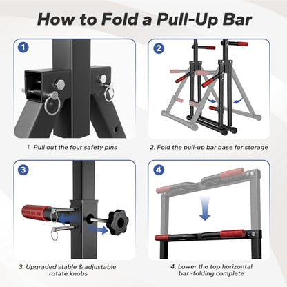 Foldable Pull Up Bar Free Standing, Strength Training Pull-up Bars Adjustable Pull Up Station, Power Tower Pull Up Bar MultiFunction Pull Up Dip Station Workout Equipment For Home Gym Support 480 LBS - color: red