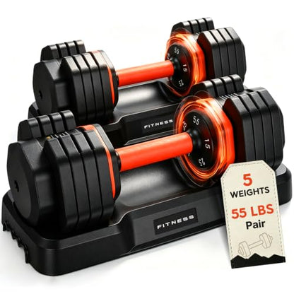 FEIERDUN Adjustable Dumbbell Set, Weight Set for Home Gym, 5/10-in-1 Free Weight Adjustable Dumbbells, Single Hand Twist Adjust with Non-Slip Handles, 90% Space Saving Strength Training for both Men&Women - color: 5 Weight Settings - 55 LB/Pair (110 LB To