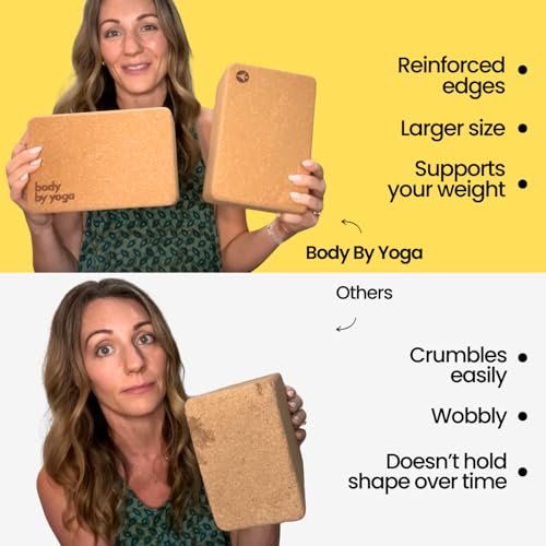 Cork Yoga Blocks 2 Pack – High Density Non Slip with Select Cork Grain for Chip-Resistant Durability | Extra Thick 4” for Support & Stability | Natural, Smooth, and Crumble Free | Body By Yoga