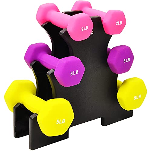 BalanceFrom Neoprene Coated Iron Dumbbell Hex Weights Set with Stand – Color-Coded or Black Options with Non-Slip Grip for Strength Training, Resistance Workouts, and Home Gym Fitness - style: 2/3/5lb Set