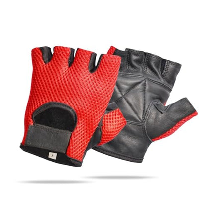 Leather MESH Fingerless Weight Lifting Exercise Gym Wheelchair Gloves Black/RED WLG-021