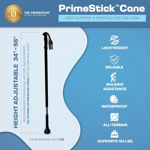 Dynamo Prime Walking Stick for Seniors - Adjustable Walking Cane for Men and Women with Balance Issues - Lightweight & Sturdy All-Terrain Support for Posture & Stability