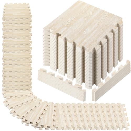 48 Pcs Printed Foam Tiles Bulk 12 x 12 Inch Interlocking Foam Mats Wood Grain Puzzle Floor Mat Tiles EVA Floor Padding Exercise Flooring with Border for Home Gym Playroom Kids(White)