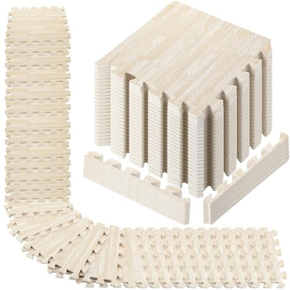 48 Pcs Printed Foam Tiles Bulk 12 x 12 Inch Interlocking Foam Mats Wood Grain Puzzle Floor Mat Tiles EVA Floor Padding Exercise Flooring with Border for Home Gym Playroom Kids(White)