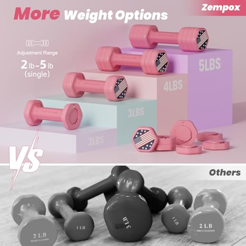 Zempox Adjustable Dumbbell Set of 2, 4 in 1 Hand Weights for Women at Home, 5 lb Weights Dumbbells set of 2, Each 2lb 3lb 4lb 5lb with TPU Soft Rubber Handle for Home Gym Exercise Training - color: Pink