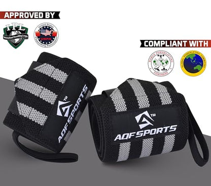 AQF Wrist Wraps for Weightlifting & Powerlifting, 18" USPA Approved (Pair) - color: Grey & Black