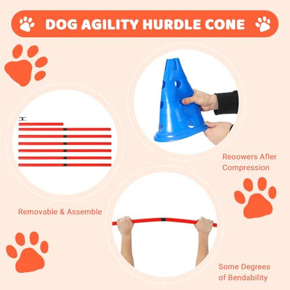 Dog Agile Hurdle Cone Set, Dog Agile Course Backyard Set with 12 Cones & 6 Rods,Training Equipment Height Adjustable Obstacle with Storage Bag