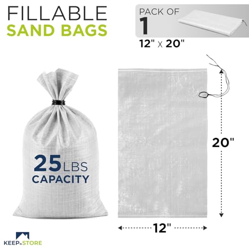 Heavy Duty Sand Bags Pack of 1, White Empty Sandbags with Built-In Ties, Woven Polypropylene UV Protection 1600 Hours, Fillable Bags for Flood Control, Weight, 12x20 inches, 25 Pounds Volume - color: White, size: 12"W x 20"L