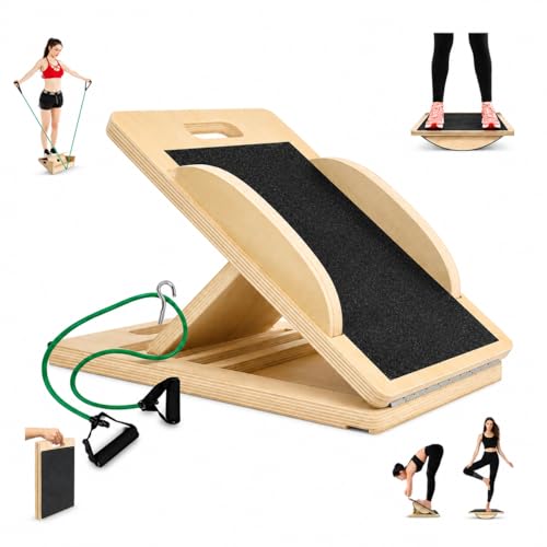 3-in-1 Portable Wooden Slant Board, Balance Board & Resistance Band – 5 Incline Angles –Incline Board – Slant board for exercise, Squats, Physical Therapy – Anti-Slip Surface, Portable, Metal Hook