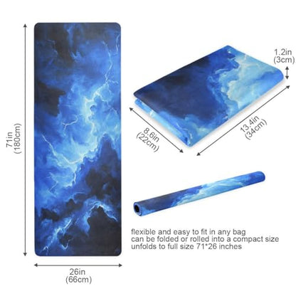 Kigai Travel Yoga Mat 71" x 24" Non Slip Natural Rubber Foldable Exercise Mat Ultra Thin 1.5mm Lightweight for Fitness, Pilates & Home Workout, Blue Lightning