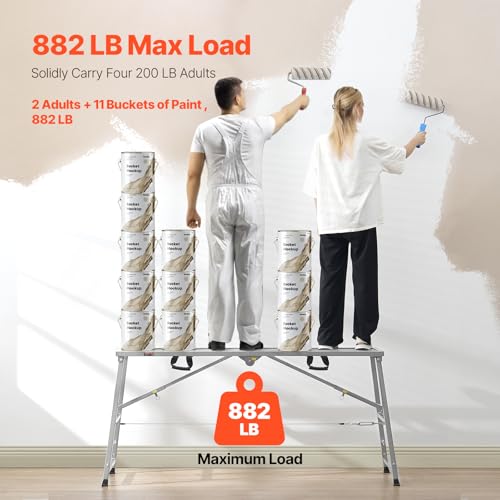 VEVOR Work Platform, 63"x 15" Portable Scaffolding Platform, Folding Steel Step Ladder Adjustable Height 31.5”-50.1”, 800 lbs Load Capacity, Non-Slip Drywall Painting Stool for Cleaning &Washing - size: 63"x 15"