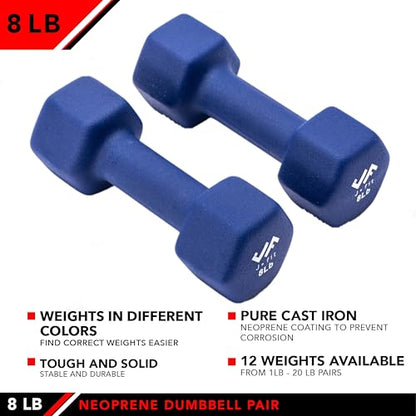 JFIT Dumbbell Pairs or Sets – Neoprene & Vinyl Coated Hand Weights for Home Gym, Strength Training, Aerobics, Cardio Exercise and Fitness - size: 8 lbs (Pair), style: Dumbbell Pair