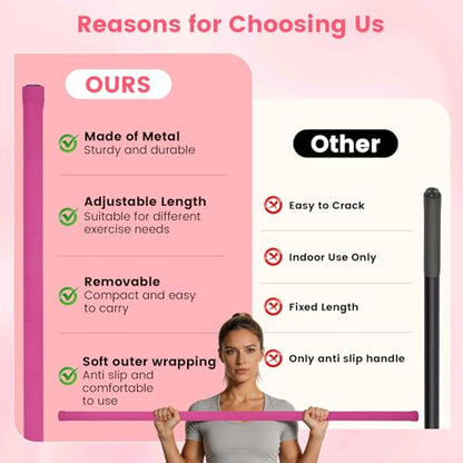Yoga Stick Sturdy Steel, 5 Ft Adjustable Stretching Stick for Mobility, Flexibility and Balance, Versatile Exercise Stick with Non-Slip Ends and Foam Handles for Fitness, and Posture - color: pink