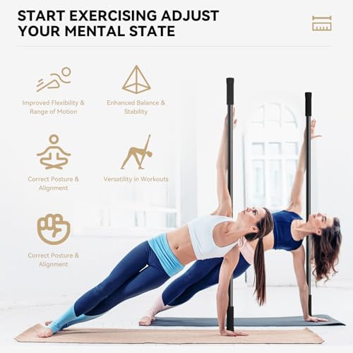 Yoga Stick 5ft Adjustable Stretching Stick, Versatile Exercise Stick Non-Slip Ends and Sponge Handles for Fitness, Flexibility and Balance, Posture Correction - Black