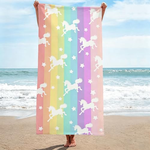 WIBUE Rainbow Unicorn Microfiber Oversized Beach Towel, Lightweight Quick Dry Sandproof Towels 60”x30” for Swim Pool Yoga Gym Camping Beach Essentials Accessories Vacation Gift (Rainbow Unicorn) - color: Rainbow Unicorn