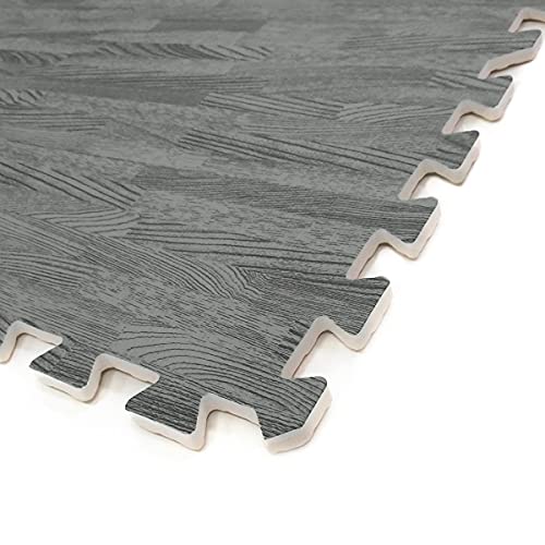100 Sq. Ft 3/8 Inch Thick Printed Foam Tiles Interlocking Foam Mat, Sea Haze Grey Wood Grain Style Print, (24"x24", 25 pcs), Protective Flooring for Home, Exercise or Trade Show