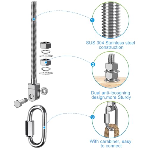 Dolibest Heavy Duty Swing Hanger, 304 Stainless Steel Swing Bolts w/Quick-Connect Carabiner, Swing Hook w/Dual-Screw Locking for Hammock, Yoga Swing, Porch Swing for Wood/Metal Beam-(M10X7'')-1500LB - color: M10X7''-4PCS