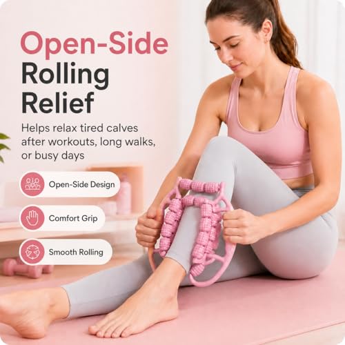 Upgraded Leg Roller Massager, Open-Side Muscle Roller with 29 Textured Rollers, Ergonomic 3D Rolling Massager for Legs, Arms & Neck, Portable Muscle Relaxation Tool for Home Gym(Pink)