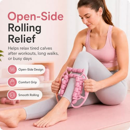 Upgraded Leg Roller Massager, Open-Side Muscle Roller with 29 Textured Rollers, Ergonomic 3D Rolling Massager for Legs, Arms & Neck, Portable Muscle Relaxation Tool for Home Gym(Pink)