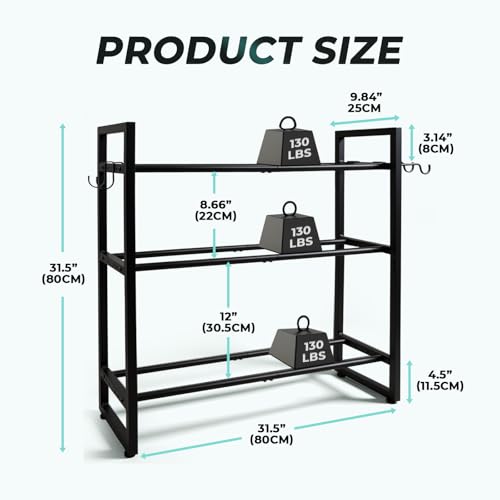 3 Tier Adjustable Dumbbell Rack, 31.5 Inch Length Dumbbell Weight Rack Stand for Home Gym Storage Organizer Dumbbells Kettlebell Up to 390 LB Capacity (Dumbbells Rack Stand Only) ﻿