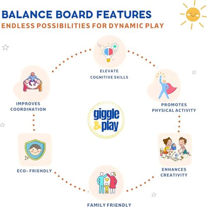 Giggle & Play 36" Wooden Balance Board – Natural Curvy Wobble Board for Kids, Toddlers & Adults, Montessori Rocker Toy, Yoga Trainer for Office, Home, Classroom Use