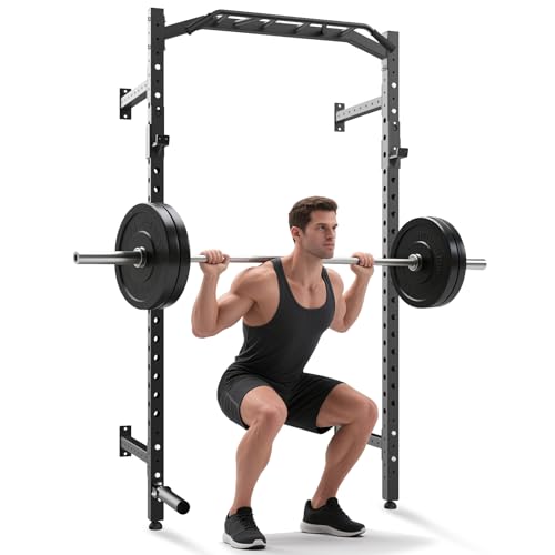 1600LB Wall Mounted Power Rack, Commercial Squat Rack for Home Gym with Multi-Grip Pull Up Bar, j-Cups & Landmine Attachment for Home and Garage Gym