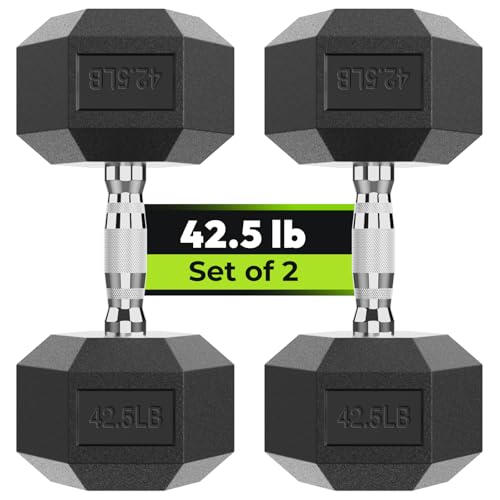 HANDBODE Hex Dumbbell Set, 2.5-65 lb Rubber Encased Exercise & Fitness Dumbbells, Weights Dumbbells Set of 2, Hand Weight for Strength Training - size: 42.5 lb, Pair, style: Chrome Handle