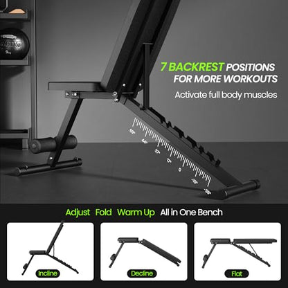 Adjustable Weight Bench for Home Gym, Foldable Workout Bench for Full Body Fitness Dumbbell Exercise, 600LBS Incline Decline Flat Bench with Resistance Bands for Strength Training