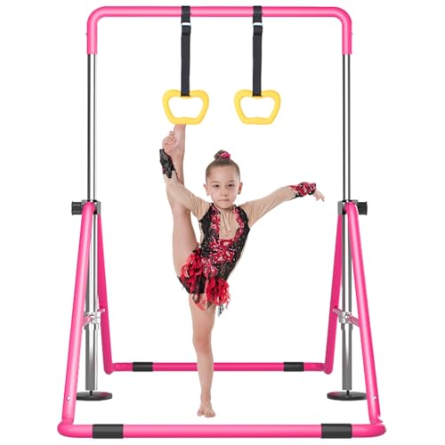 Kids Gymnastics Bar Gymnastic Equipment for Home Adjustable Height Gymnastic Training Bar Gymnastic Stuff for 3-7 Years Old Girls - color: Pink with ring