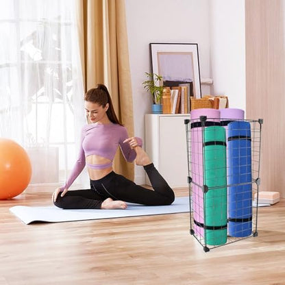 Yoga Mat Holder,Home Gym Storage Rack,Workout Equipment Storage,Metal Mesh Yoga Mat Basket for Foam Roller,Tennis Racket and Resistance Bands,Black,12.6"L X 8.7"W X 24.4"H