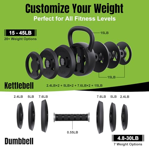 Hezeyferg 2-in-1 Adjustable Kettlebell, 15-45 LB Kettlebells Weight Set with Wide Grip, 4.8-30 LB Dumbbell Weights for Home Gym Strength Training - color: Black