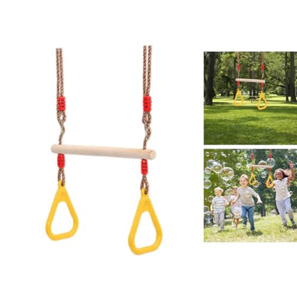 Trapeze Swing Bar Wooden Hanging Hoop Gymnastic Swing Rings with Adjustable Straps Yellow