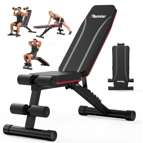 PASYOU Adjustable Weight Bench, Foldable, Incline Decline Flat, Bench Press with 660LBS, 95% Pre-Assembled, Compact Workout Bench Full Body Strength Training Bench for Home Gym, Wider Seat