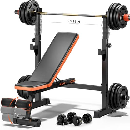 770lbs Weight Bench Set with Squat Rack, 5 in 1 Workout Bench Press With Removable Foot Catch, Adjustable Flat Incline Sit Up Bench for Home Gym Full Body Strength Training