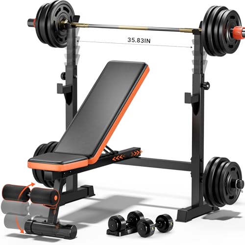 770lbs Weight Bench Set with Squat Rack, 5 in 1 Workout Bench Press With Removable Foot Catch, Adjustable Flat Incline Sit Up Bench for Home Gym Full Body Strength Training
